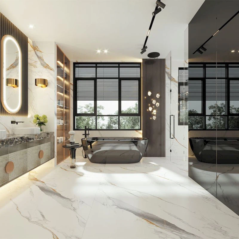 Polished Fully Sintered White Marble Look Porcelain Bathroom